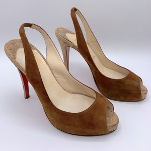 Christian Louboutin Tan Suede Cork Peep Toe Slingback Stilettos - Size 38.5